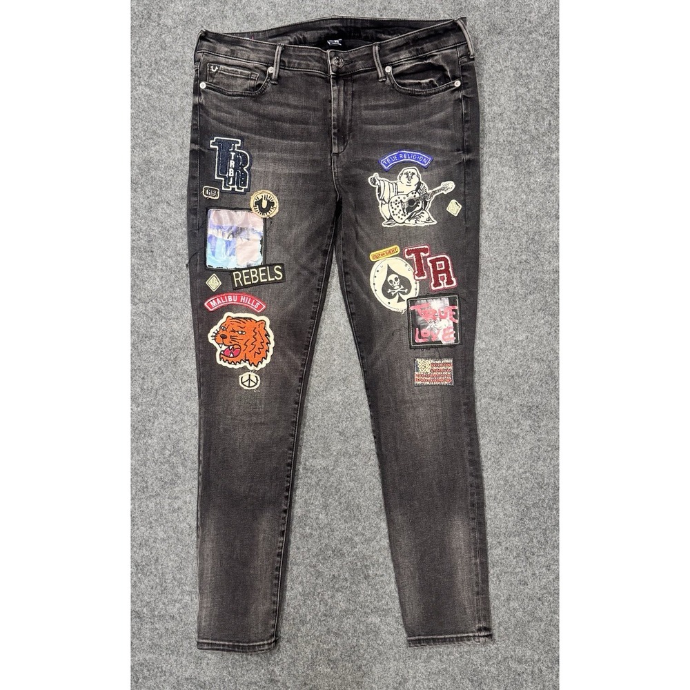 True Religion Halle Jeans Womens 32 Patchwork Mid Rise Super Skinny Black Y2K